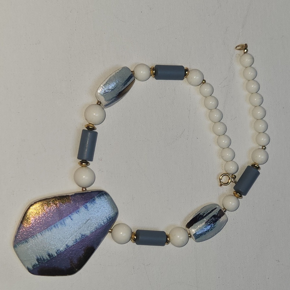 Vintage Japan Ceramic Bead Necklace Iridescent Geometric Pendant Blue White Gold